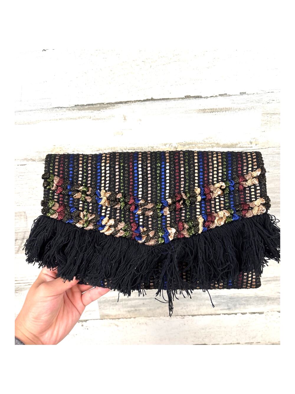 Stella & Dot Black Metallic Taj Clutch Boho Fringe Statement Bag